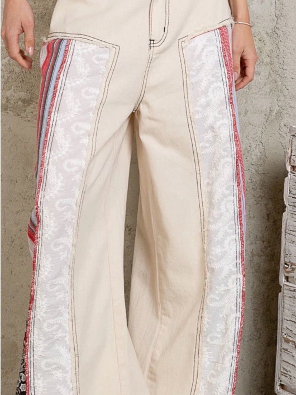 POL Beige Wide-Leg Pants with Embroidered White & Red Side Panels waist 17’